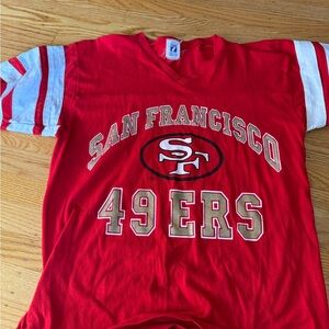 Vintage Red San Francisco 49ers Football Tee with White Sleeve Stripes